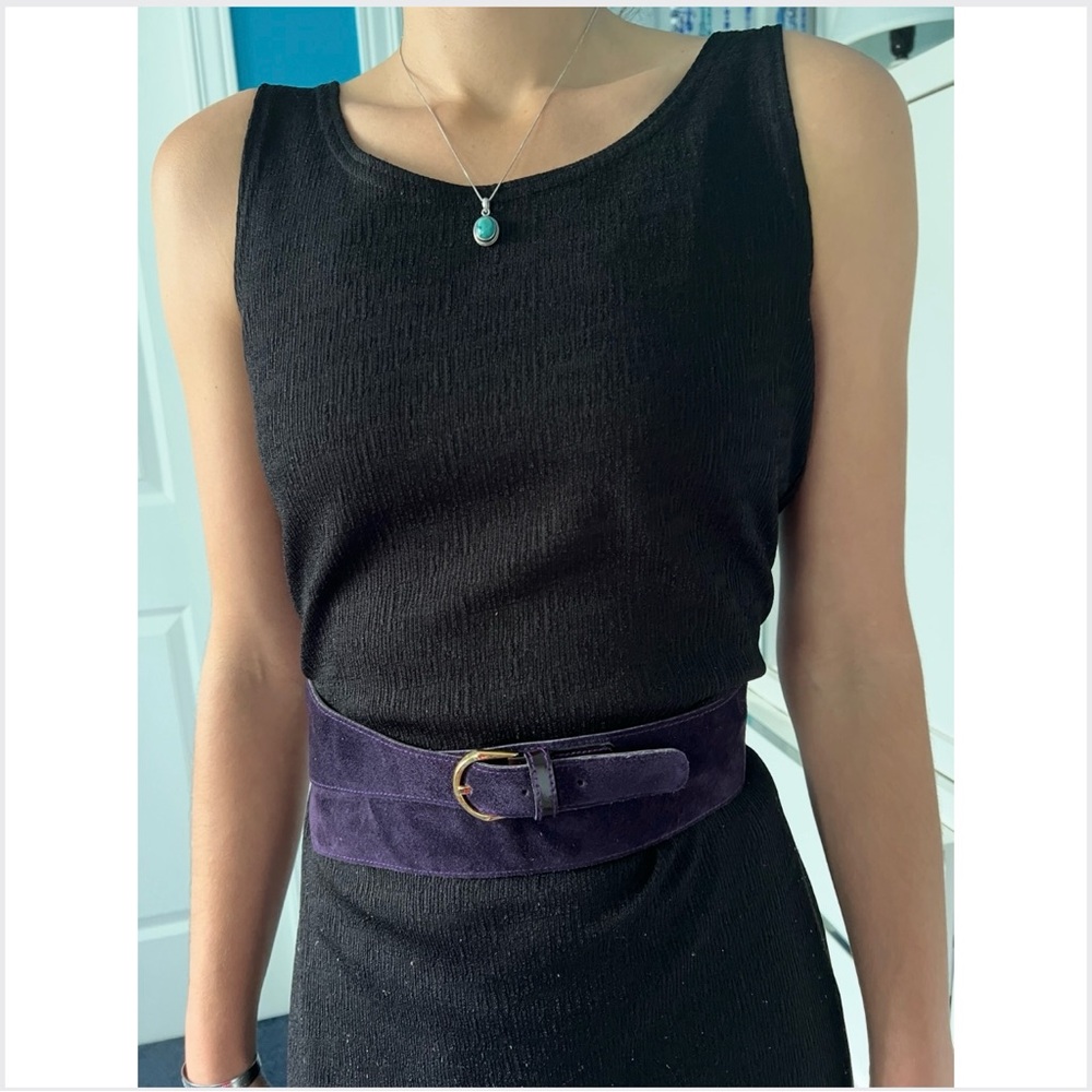 🎁 Vintage Leather Belt 1983 French | Deep Purple Suede | Asymmetrical Detail New - Picture 13 of 16